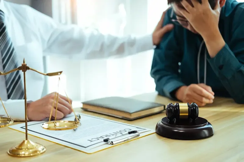 Attorney reviewing robbery charges in Texas case documents with legal gavel and scale on desk