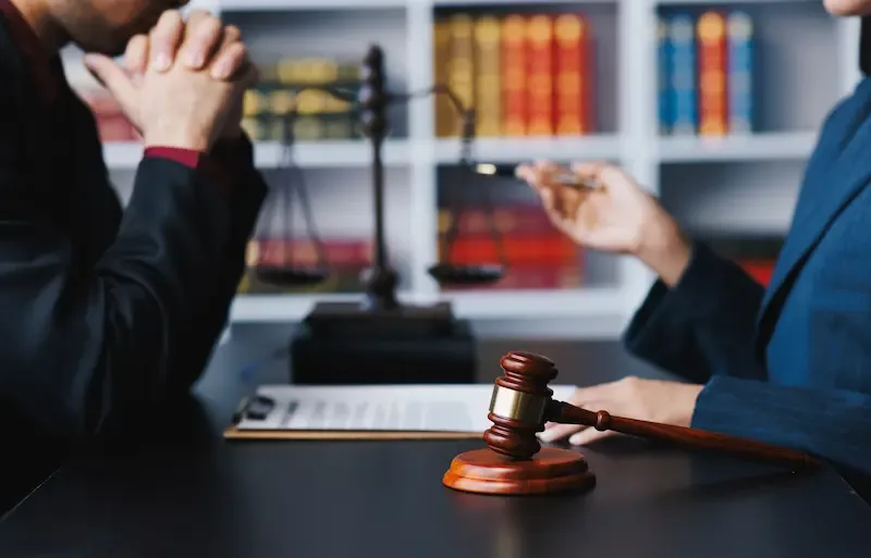 Robbery charges in Texas: judge’s gavel on desk with lawyer speaking to client
