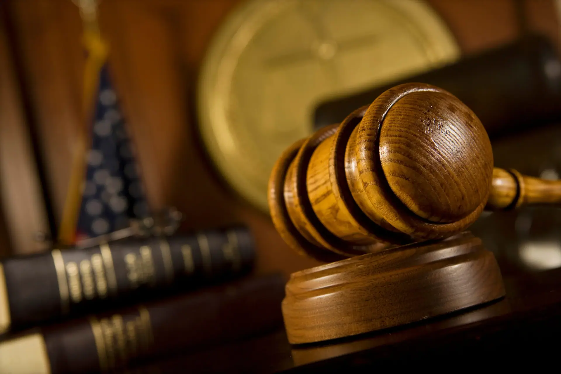 Closeup of gavel in court room